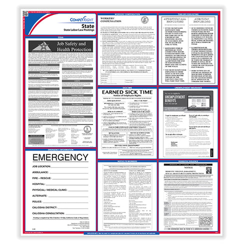 Laminated poster with various legal and employment information on a white background